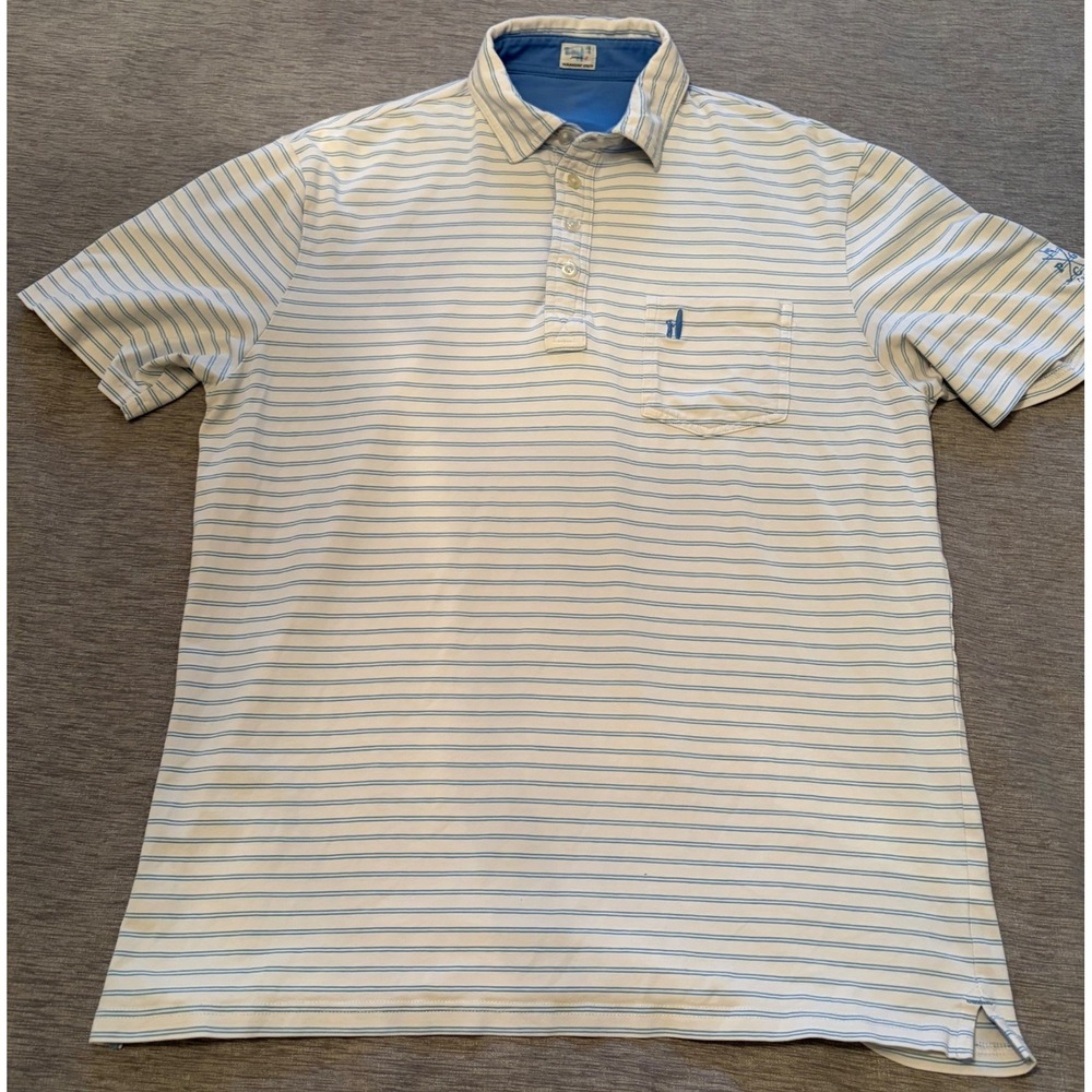 Johnnie-O Hangin Out Mens Striped Polo Shirt Blue White PGC 1914 Logo Pocket